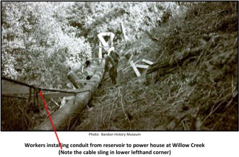 Photo: Bandon History Museum Workers installing conduit from reservoir to power house at Willow Creek (Note the cable sling in lower lefthand corner)